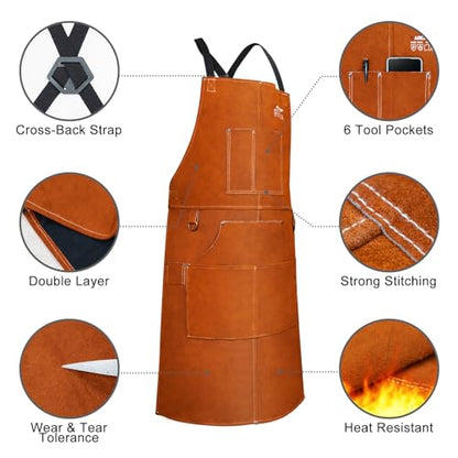 ARCCAPTAIN Leather Welding Apron, 24" x 36" FR Cowhide Blacksmith Aprons - color: Brown