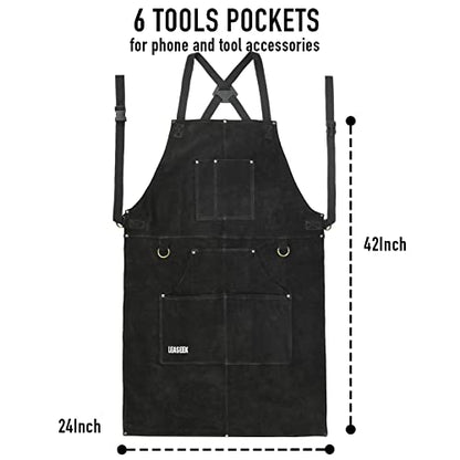 LeaSeek Leather Welding Apron, Heat & Flame-Resistant, 6 Pockets - color: Black - 24"x 42"
