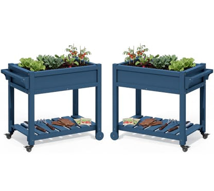 SERWALL Raised Garden Bed on Wheels with Storage Shelf Set of 2,Navy - color: Navy, size: 2 Pack