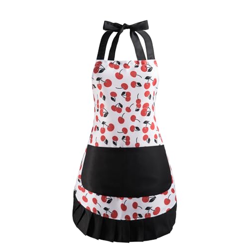 Retro Floral Apron for Women With Pockets for Cooking & Gifting - color: Cherry