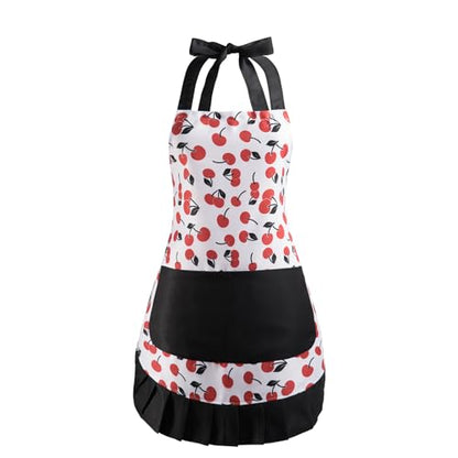 Retro Floral Apron for Women With Pockets for Cooking & Gifting - color: Cherry