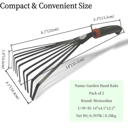2 Pack Small Hand Rake for Gardening, Mini Leaf & Shrub Rake with Durable Steel Tines, Ergonomic Non-Slip Handle for Flower Beds, Lawn, Leaves & Yard Cleanup
