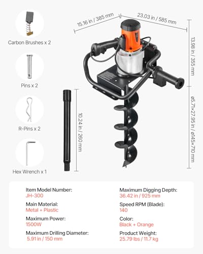 VEVOR Electric Post Hole Digger 1500W 140 RPM with 5.71 in Steel Auger Bit