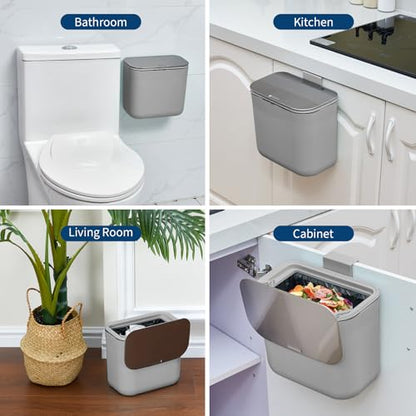 1.85 Gal/7L Hanging Trash Can, Stainless Steel Compost Bin with Lid & Hook, Small Garbage Can for Kitchen Counter, Bathroom Sink, Office Desk, Space-Saving Rubbish Bin - Grey - size: 1.85 Gallon /7 Liter