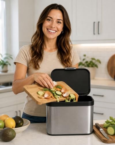 Compost Bin for Kitchen, Countertop Compost Bin, Body Stainless Steel with Lid, 1.13 Gallon with Inner Bucket Compact and Easy Clean (Black Silver)