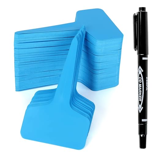 Xgunion Plant Labels Tags 200Pcs T-Type Markers Blue with Marking Pen - color: Blue