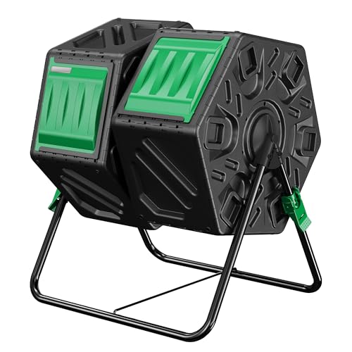 Compost Bin, 37-Gal Dual Chamber Composter Tumbler, Black Green
