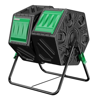 Compost Bin, 37-Gal Dual Chamber Composter Tumbler, Black Green