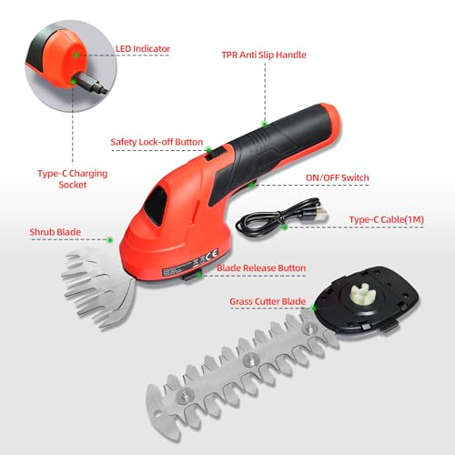 Cordless Grass Shear & Shrubbery Trimmer 2 in 1 Handheld Electric Grass Trimmer Hedge Shears/Grass Cutter