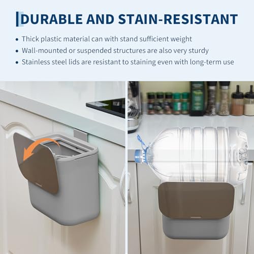 1.85 Gal/7L Hanging Trash Can, Stainless Steel Compost Bin with Lid & Hook, Small Garbage Can for Kitchen Counter, Bathroom Sink, Office Desk, Space-Saving Rubbish Bin - Grey - size: 1.85 Gallon /7 Liter