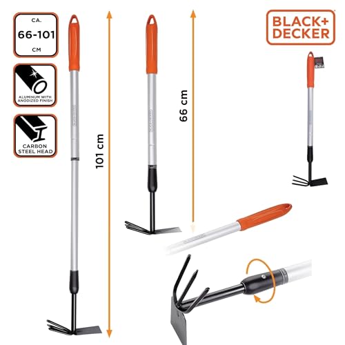 BLACK+DECKER Cultivator - Garden Rake and Hoe - Adjustable Length 66-101 cm - Cultivating and Weeding - Carbon Steel Head