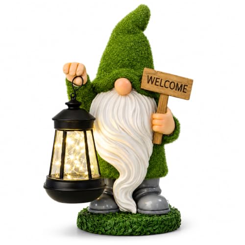 Garden Gnome Statue with Solar Lantern Welcome Sign Outdoor Decor for Porch Lawn Patio Yard Holiday Decorations Housewarming Christmas Decor Gifts for Women - color: Green Gnome