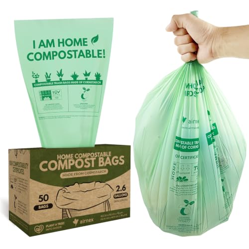 AIRNEX Small Compost Bags 2.6 Gal - 50 Compostable Kitchen Trash Bags for Countertop Bin - Cornstarch Leakproof & Tear-Resistant - OK Compost Home & Seedling Certified 0.18 mm Kitchen Garbage Bags - size: 1 Count (Pack of 50)