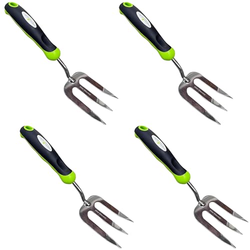 Garden Guru Stainless Steel Hand Weeder Fork Tool – Rust Resistant Stainless Steel – Ergonomic Handle – Great for Planting, Spreading Mulch, Weeding, Loosening & Transplanting Soil (4 Pack) - size: 4 Pack, style: Stainless Steel