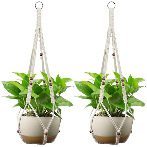 USLAI Macrame Plant Hanger, for Up to 15 Inch Pots, 35 Inch, White, 2 Pack - color: White, size: 35+35 Inch