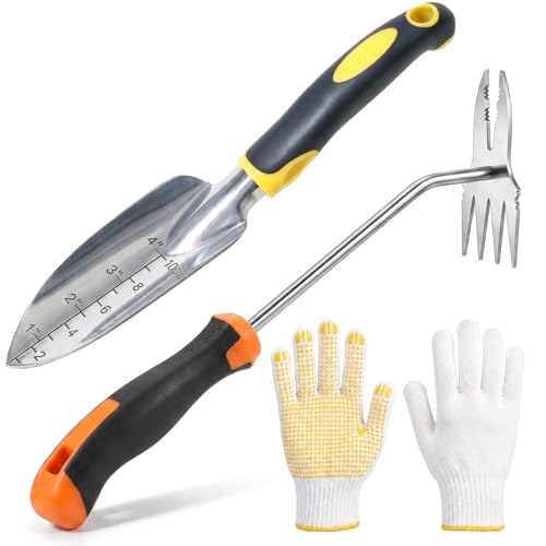 Portable Garden Tool Set, 0.12" Heavy Duty Stainless Steel Weed Puller & Trowel with Planting Scale, Ergonomic Hand Tools for Yard Digging, Includes Anti-Slip Gloves