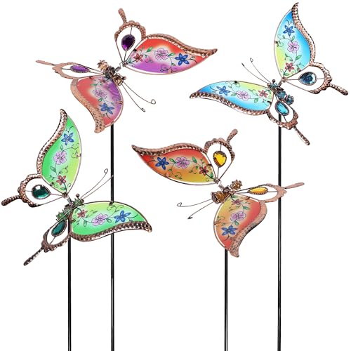 Juegoal Set of 4 Butterfly Garden Stake Decor, 32" Metal Colorful Butterflies Stakes, Yard Art Ornaments for Mom, Mothers Day Ideal Gifts, Outdoor Lawn Porch Pathway Patio Plant Pot Flower Bed - size: Set of 4