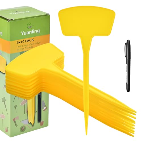 Plant Labels，60 Pcs Yuanling Plant Markers Large Plastic Plant Tags T-Type Waterproof Garden Labels for Outdoor Indoor Potted Plants Flowers Seeds Herbs with Garden Marker Pen - color: Yellow