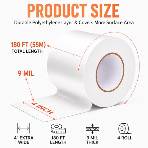 4 PC 4" x 180' Vapor Barrier Tape 9 Mil White Polyethylene Insulation Tape - size: 4 Pack