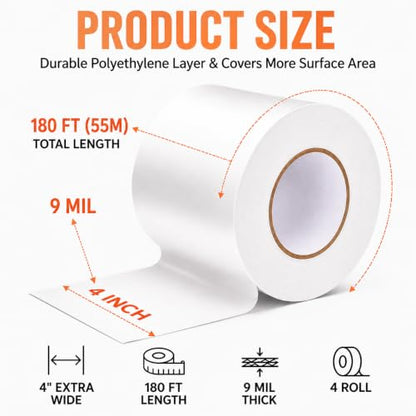 4 PC 4" x 180' Vapor Barrier Tape 9 Mil White Polyethylene Insulation Tape - size: 4 Pack