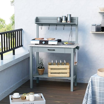 HOLTICO Potting Bench with Storage Drawer, Blue-Gray
