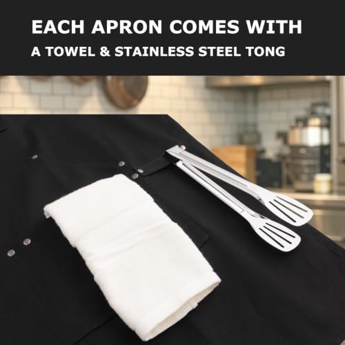 HANZAI Chef and BBQ Apron with Hand Towel and tong - 12oz Cotton Canvas.Cross Back Straps. Multi Pockets for man and women. - color: Black