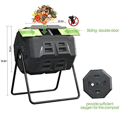 SQUEEZE master Large Compost Tumbler Bin - Outdoor Garden Rotating with Thermometer -Automatic Temperature Measurement-Sturdy Steel Frame - 43Gallon (2-21.5Gal)- Green Door - color: Green