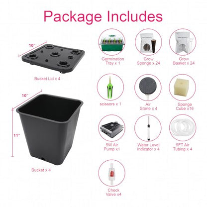 4 Hydroponic Buckets Kit for Plants, Hydroponics Growing System for Herbs/Tomato/Vegetables, DWC System with Air Pump & Germination Tray Black (Complete Indoor Hydroponic Gardening Supplies) - size: 4 Buckets Kit (Black)