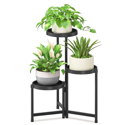 iDavosic.ly 3 Tier Folding Plant Stand Indoor Outdoor, Plastic Tray, Black - color: Black, size: 3 Tiers