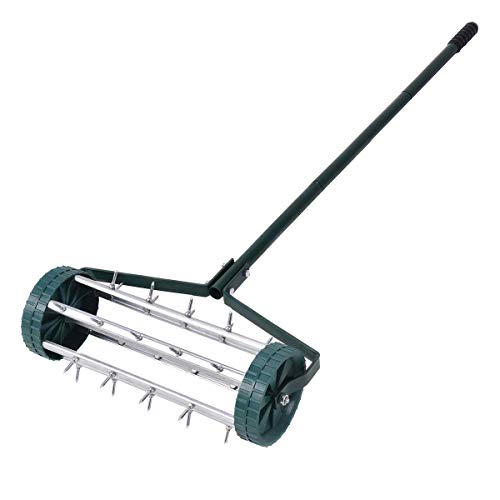 Goplus Rolling Lawn Aerator, 18-Inch Garden Yard Rotary Push Tine Heavy Duty Spike Soil Aeration, Manual Lawn Aeration Tool w/ 41-Inch Handle (Silver) - color: Silver