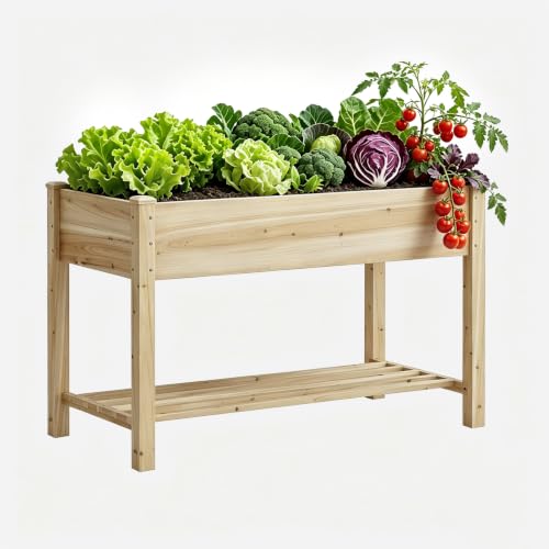48x24x30.7in Wood Raised Garden Bed with Legs Wooden Planter Box with Storage Shelf Elevated Wood Planter Box for Vegetables Flowers Herbs Garden Planter for Backyard Patio Balcony (Natural, Medium) - color: Natural, size: Medium