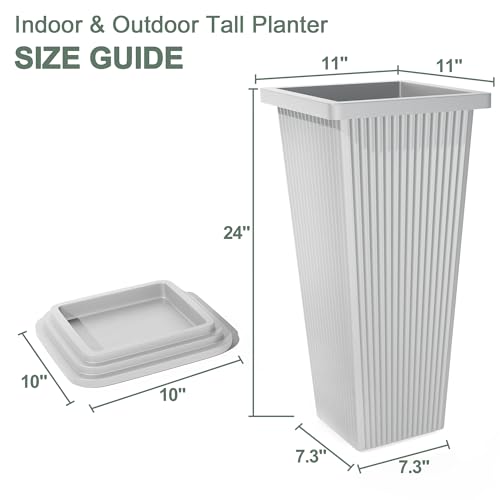 Plastic 24" Tall White Planters Outdoor Set of 2, Ribbed - color: White Ribbed