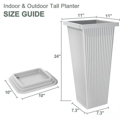 Plastic 24" Tall White Planters Outdoor Set of 2, Ribbed - color: White Ribbed