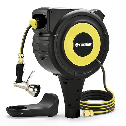 PURUS Retractable Garden Hose Reel, 1/2" x 65FT, UV Resistant, Ground-Mounted & Wall-Mountable Standing Base, Zinc Alloy Spray Gun, Heavy-Duty Metal Fittings for Lawn, Yard & Car Washing