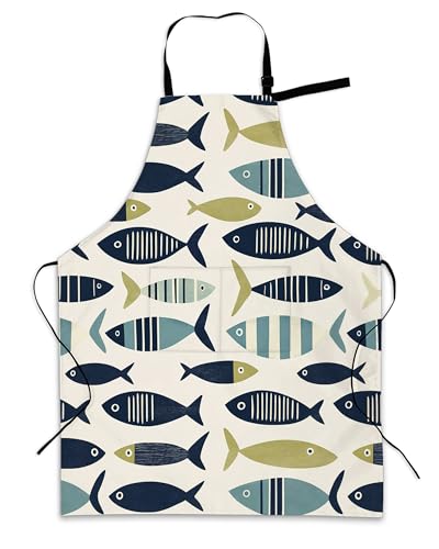 Apron with Pockets for Women, Adjustable Kitchen Cooking BBQ Chef Apron, Gifts for Mom Birthday, or Holidays - color: Cute Fish Boho