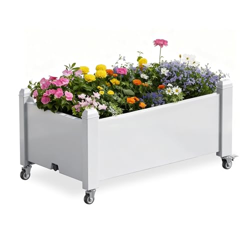 PatioZen Raised Garden Bed, 14 Gallon Self-Watering Raised Planter Box with Drainage Plug & Gauge and Wheels for Vegetables Flowers Herbs Succulents, Resin for Backyard Patio Porch - color: Ashen, size: 30.04"L x 17.72"W x 17.56"H