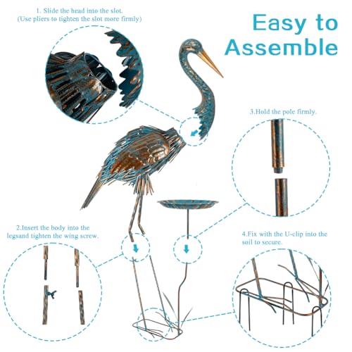 Metal Crane Garden Statue for Outside with Leaf Tray - color: Gold & Blue-crane