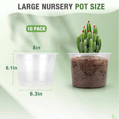 8 Inch Large Clear Nursery Pots with Drainage, 10 Pack Plastic Pots for Plants, Clear Plant Seedling Pots for Indoor & Outdoor Gardening (8 inch) - size: 8 inch