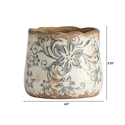 Nearly Natural 4.5in. Tuscan Ceramic Gray Scroll Planter, White - size: 4.5in.