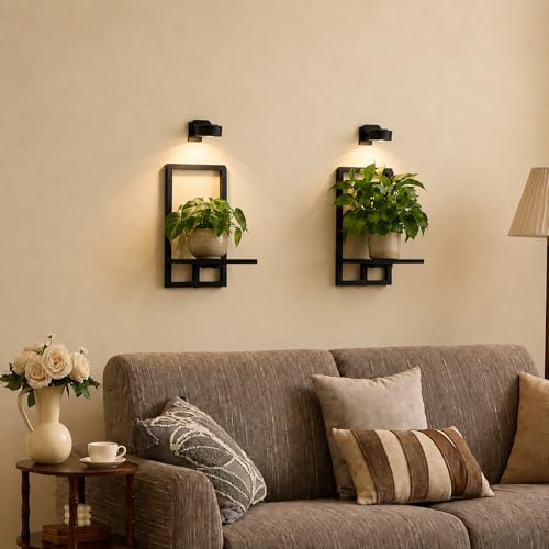 Wall Plant Holder with Grow Lights, Set of 3 Floating Planter Shelves for Indoor Plants, Wall Plant Shelf for Bedroom, Living Room, Kitchen (2, Black) - color: Black