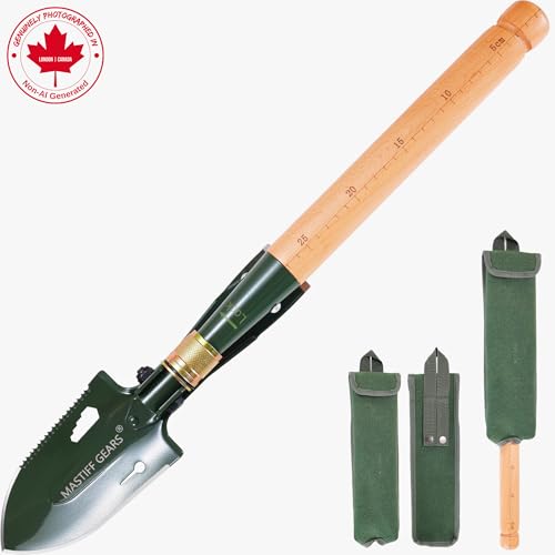 MASTIFF GEARS Military-Grade 2-in-1 Camping Shovel & Hoe - 1050 Steel, Foldable Wooden Handle, Metal Detecting Optimized, Canadian Designed & Tested, MOLLE Canvas Sheath | Limited - style: Folding Mini Shovel with Pick/Hoe