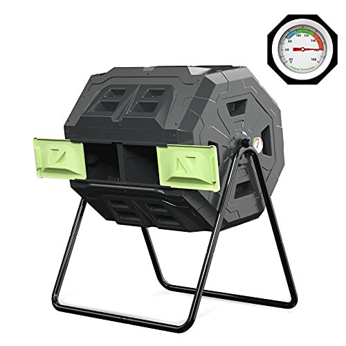 SQUEEZE master Large Compost Tumbler Bin - Outdoor Garden Rotating with Thermometer -Automatic Temperature Measurement-Sturdy Steel Frame - 43Gallon (2-21.5Gal)- Green Door - color: Green