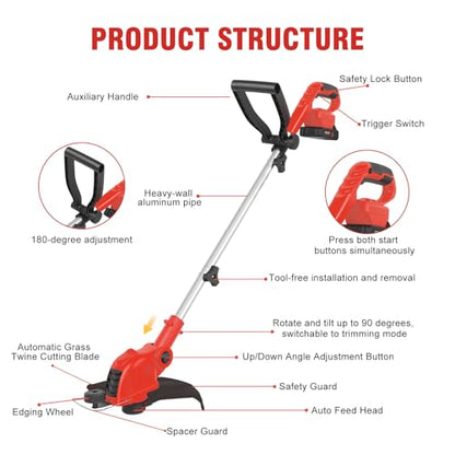 21V Electric Weed Wacker & Edger Lawn Tool Auto-Feed with 2.0Ah X 2 Battery - color: Scarlet