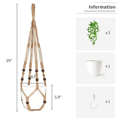 Mkono Fake Hanging Plant, Macrame Hanger with Pothos Vines & Pot, Brown - color: Brown