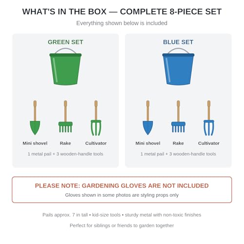 JustForKids Kids Garden Tool Set, 2 Pack STEM Educational Gardening Kit with Wooden-Handle Metal Pails, Plastic-Handle Shovel, Rake & Cultivator, Outdoor Toys & Gift for Toddlers Boys Girls Ages 3-8 - style: 2 Pack of Green and Blue Water Pails + Small To
