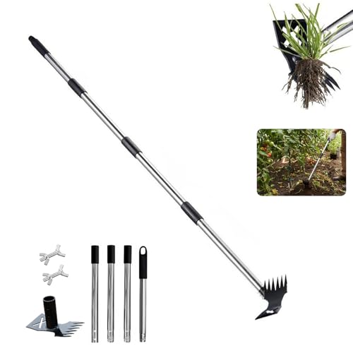 Gardening Weeder Tools with Long Handle, 60 inch Heavy Duty Weed Puller Tool, 2 in 1 Hand Weed Rake and Garden Hoe, Manual Uprooting Weeding Tool for Garden Vegetable Backyard Loosening Planting
