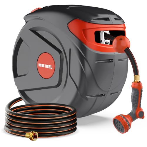 1/2 Inch 100FT Retractable Garden Hose Reel Wall-Mounted 180° Swivel 9-Patern Nozzle Automatic Slow Return Any Length Lock Hose Reels for Homeowners Garden Farm - size: 100 Feet