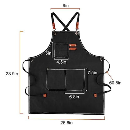 APRONPANDA Cross-Back Chef Aprons for Men Women with Pockets,Cotton Canvas Adjustable Cooking Work Apron for Kitchen - color: Black