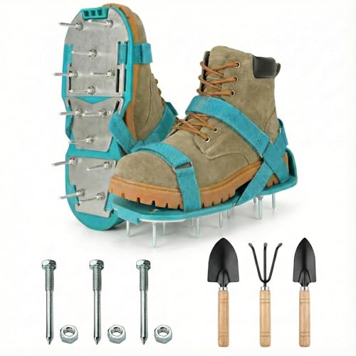 Lawn Aerator Shoes with Reinforced Aluminum Alloy Base,Pre-Assembled,Heavy Duty Spike Aeration Sandals for Garden Soil & Yard Care - Universal Fit with Cleaning Shovel & 3 Extra Spikes (BLUE) - color: BLUE