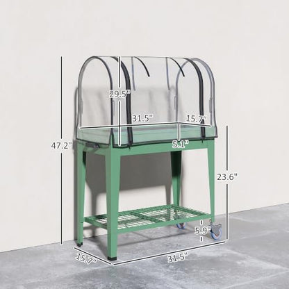 Outsunny Raised Garden Bed with Greenhouse Cover, Lockable Wheels, Green